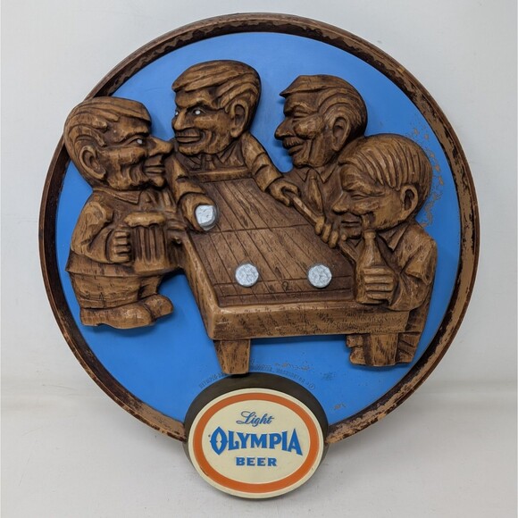 Vintage Light Olympia Beer 3D Men Playing Shuffleboard Plastic Wall Sign 13"x14" - Picture 1 of 8